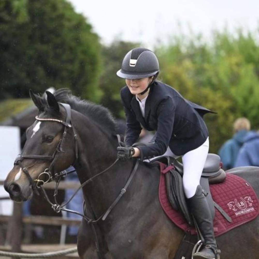 cavaletti-collection-dark-brown-horse-rider-showjumping-credit-bullockequestrian Dark brown horse with a rider in showjumping attire in an outdoor arena featured in the Cavaletti Collection credit bullockequestrian