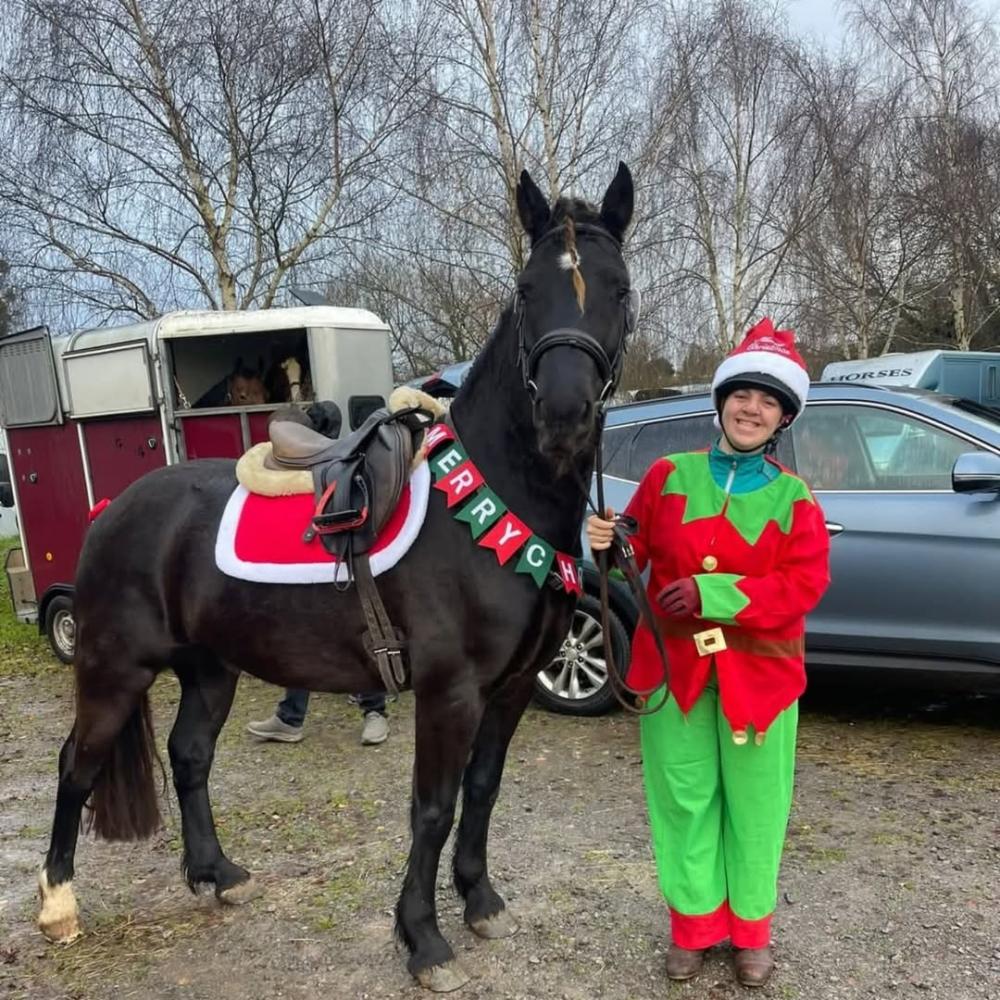 Rider in a festive elf costume standing beside a black horse decorated with a red saddle pad and Merry Christmas banner at an outdoor event.