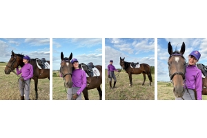 A rider wearing a purple Cavaletti Collection top and cap posing with her horse in a grassy field featuring the Cavaletti GP saddle and branded saddle pad celebrating The Tales of Two Mares giveaway winner