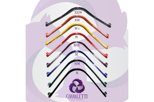 Cavaletti Collection Monoflap Saddle Gullets in multiple colors and widths, showing adjustable gullet bar sizes from Narrow to Extra Extra Wide for a customized saddle fit.