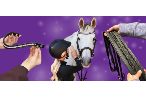 White horse with decorative bridle beside hands presenting two Cavaletti Collection browband and bridle options on a purple backdrop.