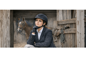 Rider in formal attire resting by a wooden stable with a brown horse wearing Cavaletti Collection tack.