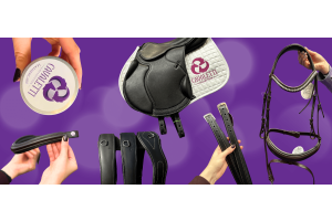 Cavaletti Collection saddle, bridle, girths, stirrup leathers, and leathercare tin arranged on a purple background with a branded saddle pad.