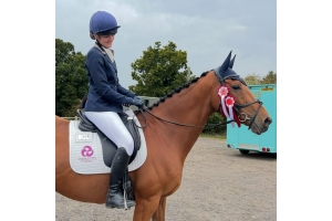 Cavaletti Collection: A show rider in formal navy attire sits on a braided brown horse wearing red and white rosettes beside a turquoise horse trailer.