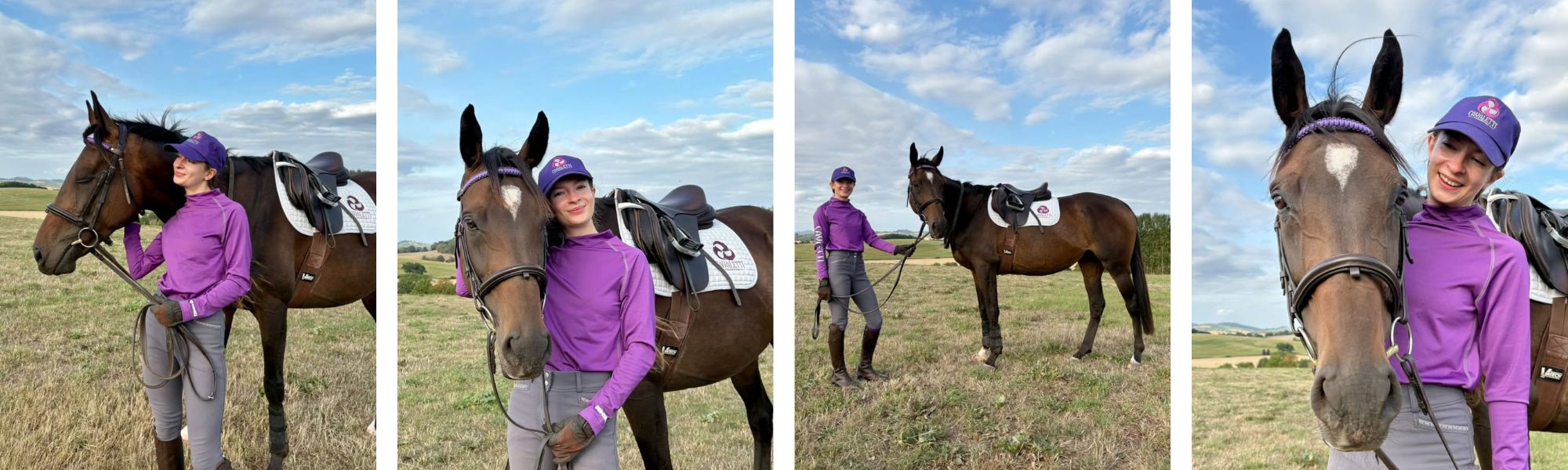 A rider wearing a purple Cavaletti Collection top and cap posing with her horse in a grassy field featuring the Cavaletti GP saddle and branded saddle pad celebrating The Tales of Two Mares giveaway winner