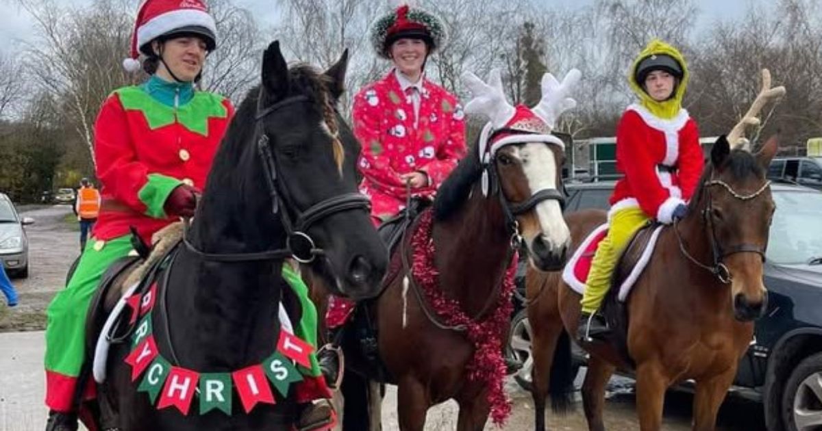 Group of riders dressed in Christmas costumes—including elf, Santa, and festive suits—sitting on decorated horses wearing tinsel, banners, and reindeer antlers during a holiday ride. Image credit to @marney_equine