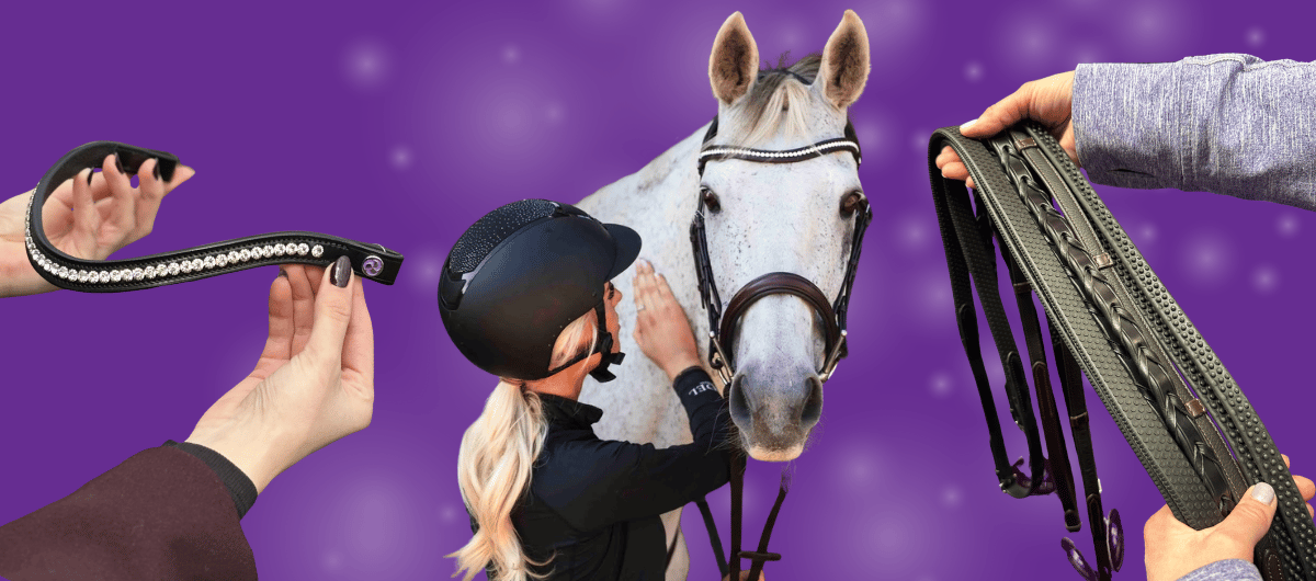 White horse with decorative bridle beside hands presenting two Cavaletti Collection browband and bridle options on a purple backdrop.