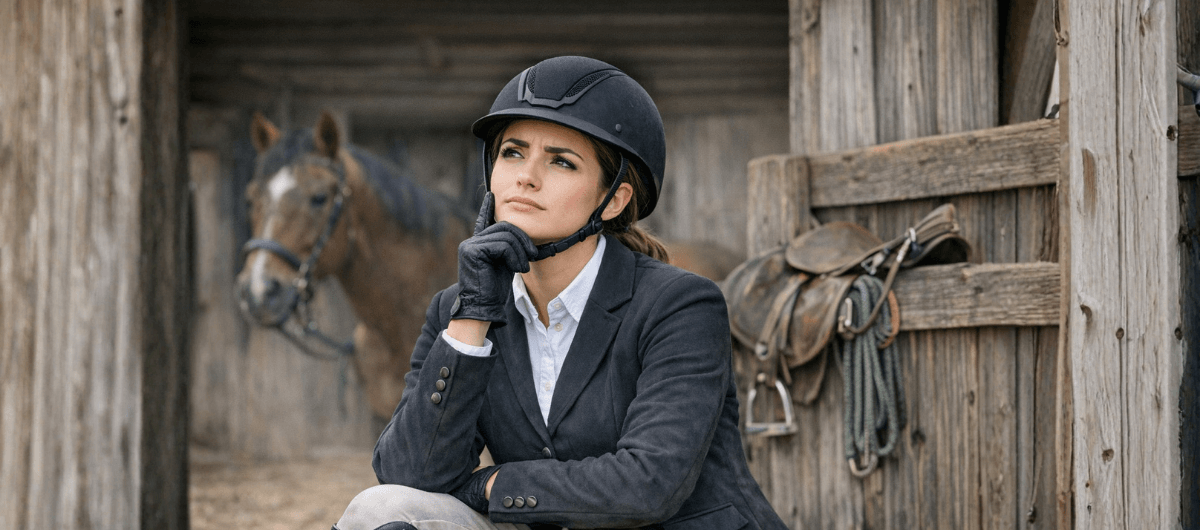 Rider in formal attire resting by a wooden stable with a brown horse wearing Cavaletti Collection tack.