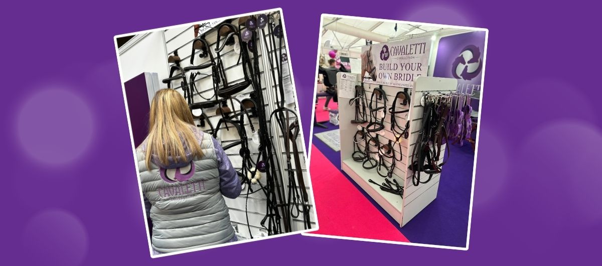 Cavaletti Collection bridle display with a build your own bridle stand shown on a purple background