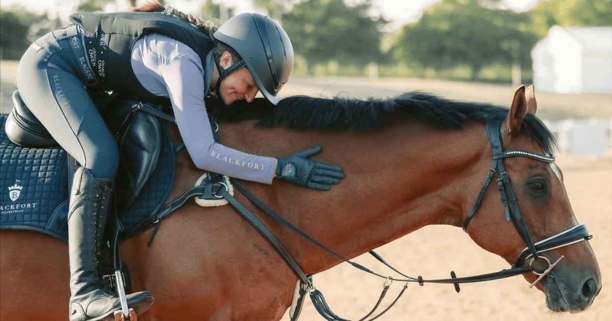 Rider leaning forward to embrace her bay horse's neck in the arena, a moment of connection between horse and rider